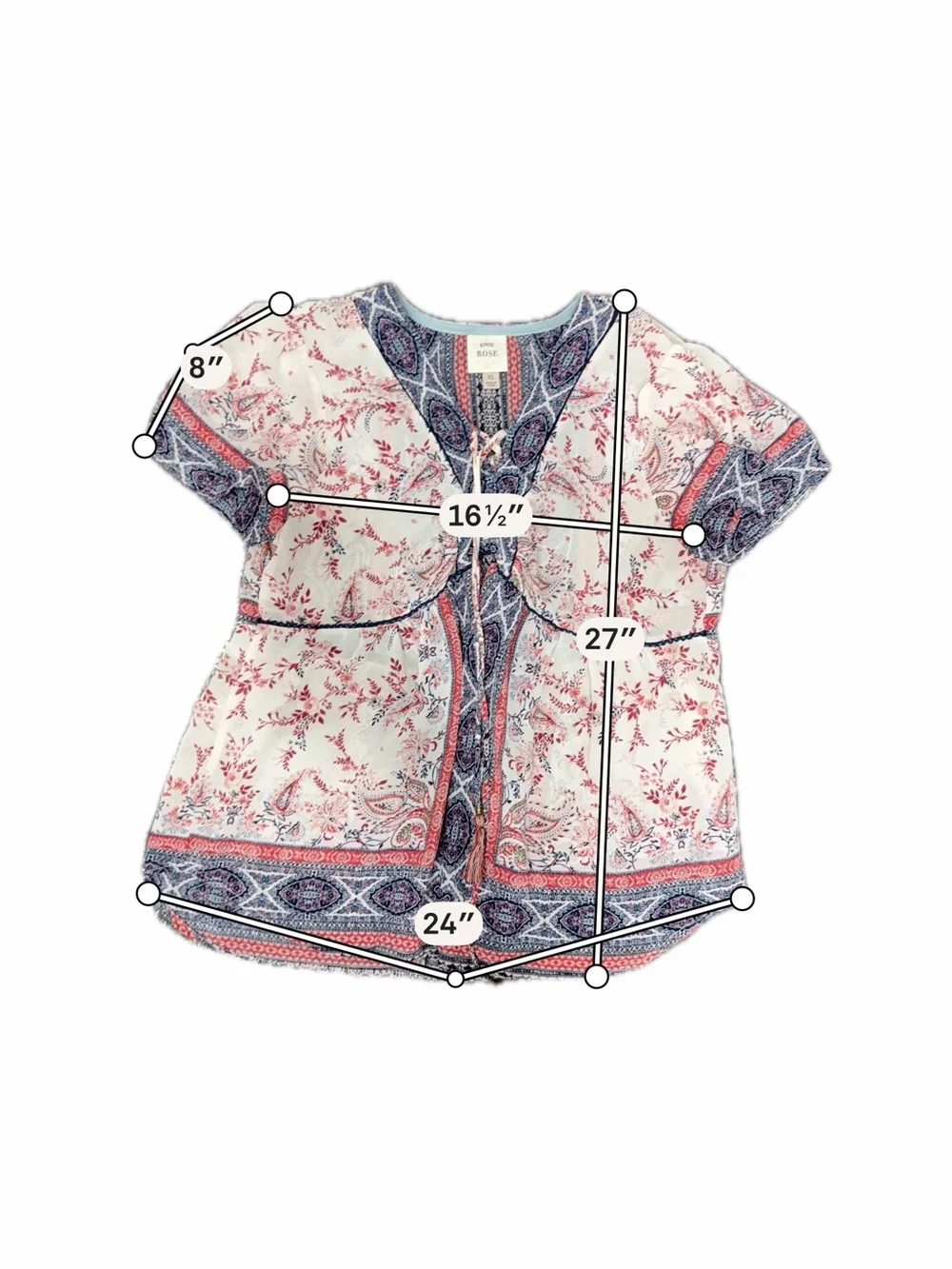Knox Rose XL Boho Paisley Floral Tunic Blouse Red Navy Peasant Top Tassel Tie